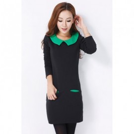 Vintage Style Peter Pan Neck Long Sleeves Color Match Fitted Good Cut Thicken Dacron Women's Dress
