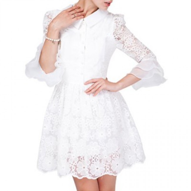 Vintage Turn-Down Collar Embroidered Flounce Lace Dress For Women