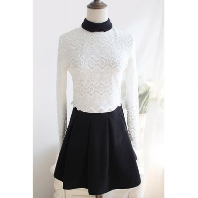 Vintage Turn-Down Collar Long Sleeves Color Block Lace Splicing Dress For Women
