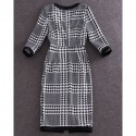 Vintage V-Neck 3/4 Sleeves Houndstooth Slit Dress For Women