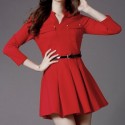 Vintage V-Neck 3/4 Sleeves Solid Color Pleated Dress For Women