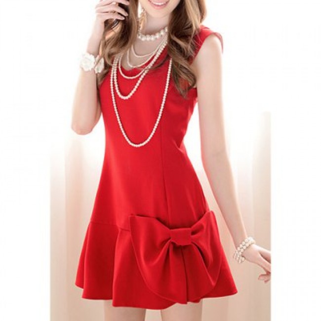 Vintage V-Neck Bowknot Embellished Sleeveless Red Women's Dress