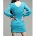 Vintage V-Neck Long Sleeves Solid Color Chiffon Splicing Beaded Dress For Women