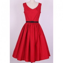 Vintage V-Neck Polka Dot Print Pleated Sleeveless Rockabilly Dress For Women