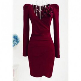 Vintage V-Neck Ruched Solid Color Long Sleeve Bodycon Dress For Women