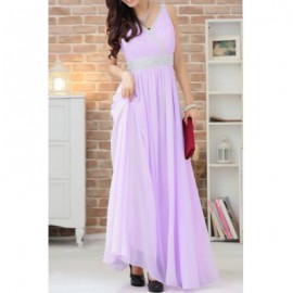 Vintage V-Neck Sleeveless Solid Color Rhinestoned Prom Long Dress For Women