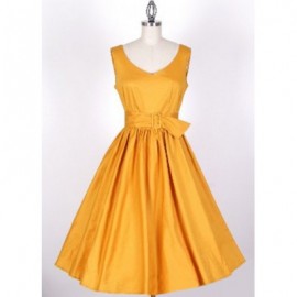 Vintage V-Neck Solid Color Pleated Sleeveless Dress For Women