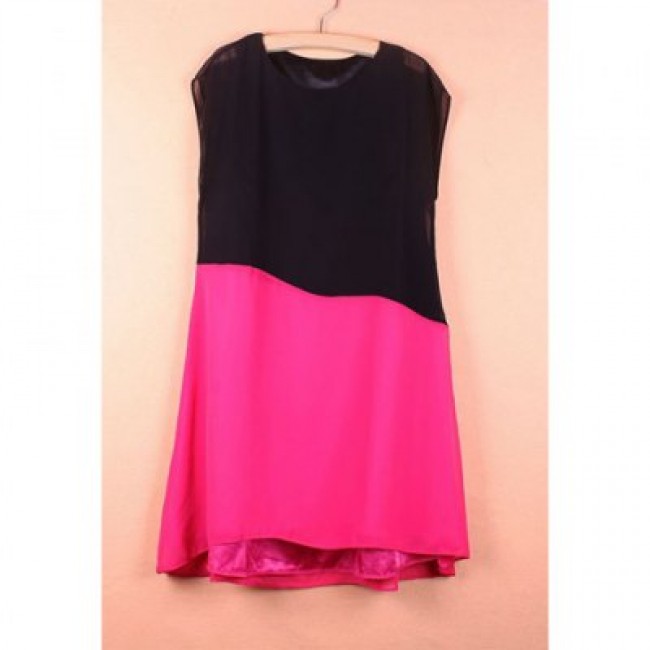 Women's Chiffon Retro Style Dress With Splicing Color Block Short Sleeves Scoop Neck Design