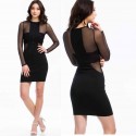   Fashion Black Mesh Long Sleeve Bandage Dress Summer Women Zip Dress Office Lady Bodycon Dress Casual Mini Dress 9114