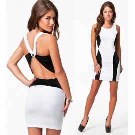   Fashion Black and White Patchwork Bandage Dress Backless Bodycon Dress High Street Mini Casual Summer Dress 9106
