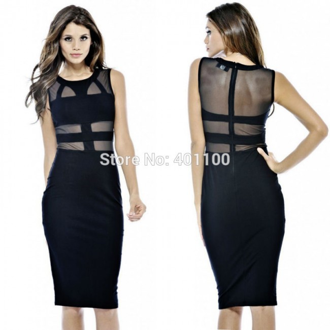  Vestidos Women Black Mesh Patchwork Midi Bodycon Bandage Dress Summer Elegant Casual Dress Women Work Wear HW0080