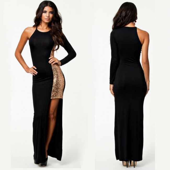 Women Fashion Party Dresses Black Sequin Insert One Shoulder Split Novelty Dresses Elegant Club Girl Bodycon Dress HW0247