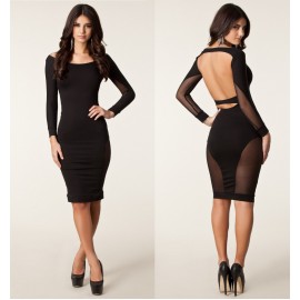 CLEAR 2015 New Fashion Long Sleeve Spring Dress Sexy Backless Black Midi Dress Elegant Women Casual Dress 9084