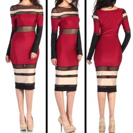     Women Fashioin Red, Black and Mesh Patchwork Bandage Dress Sexy Celebrity  Party Spring Dress 4090