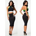 Plus Size Two Pieces Bandage Dress Top Crop   Fashion Midi Slim Fitted Stretchy Bodycon Evening Club Party Dresses HW0054