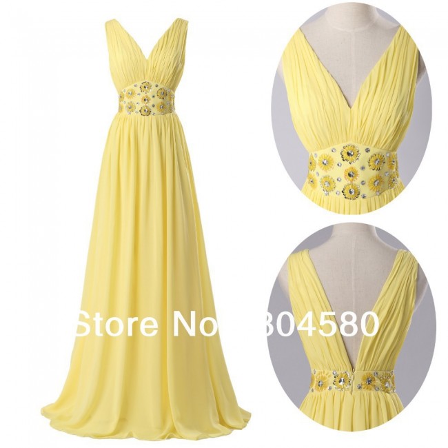  Fashion Design Deep V-Neck Chiffon Floor Length Celebrity Party Gown Evening Dresses  CL6014