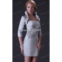   Sexy  Satin Grey Silver Color Party Prom Evening Dress + Long Sleevele bolero Short Mother of the bride dresses CL3826