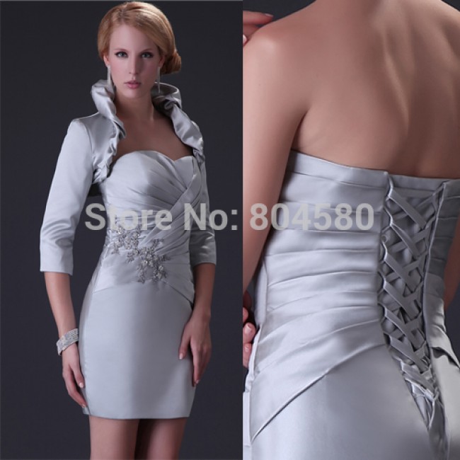   Sexy  Satin Grey Silver Color Party Prom Evening Dress + Long Sleevele bolero Short Mother of the bride dresses CL3826