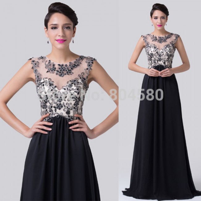  Elegant Applique Beaded Sexy See Through Celebrity dress Chiffon Prom Gown Floor Length Long Evening dresses Black CL6267