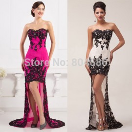  Black Sleeveless Short Front Long Back Lace Evening dress Women Formal Party dresses Long Prom Gown Plus size CL6044