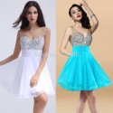   Crystal Beading Formal dress Knee Length Tank Prom Party Gown Short / Long Evening dresses Blue / White Chiffon 75067