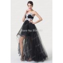   Elegant Strapless appliques Short Front Long Back Prom dresses Party Evening Gown Black Runway dress Designer  CL6191