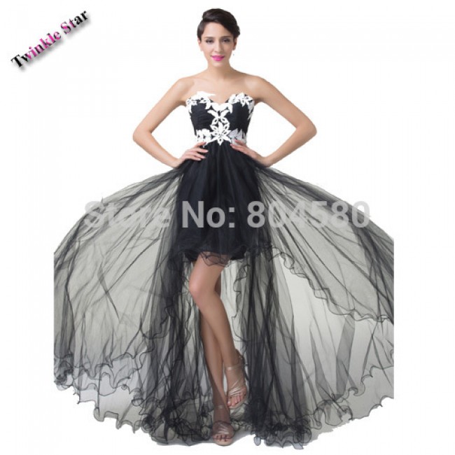   Elegant Strapless appliques Short Front Long Back Prom dresses Party Evening Gown Black Runway dress Designer  CL6191