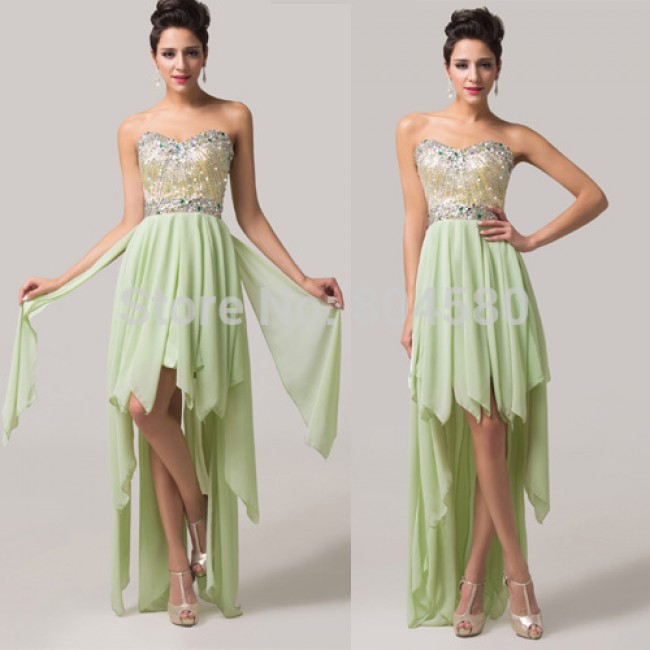   Sleeveless Chiffon Evening dress Formal Party Gown Short Front Long Back Rhinestone Prom dresses Asymmetrical CL6131