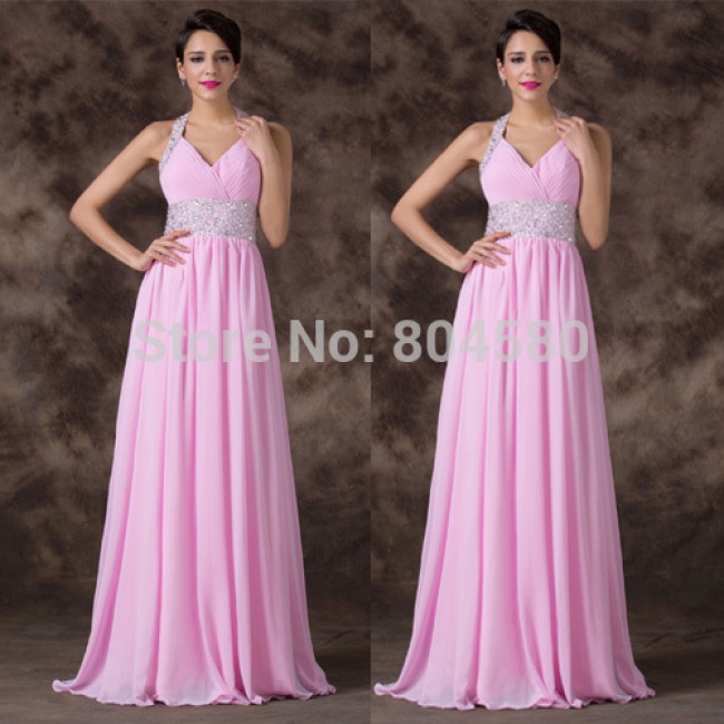  Sexy  Halter Deep V Neck Chiffon Prom Dresses Beaded Crystals Applique Floor Length Evening Gowns Lace up back CL6239
