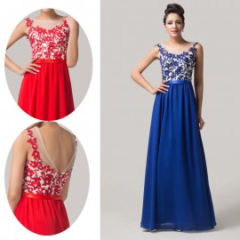 2015 Elegant Red Blue Women Long Party Evening Dress Appliques Lace Open Back Prom Dresses vestidos de festa vestido longo 6148