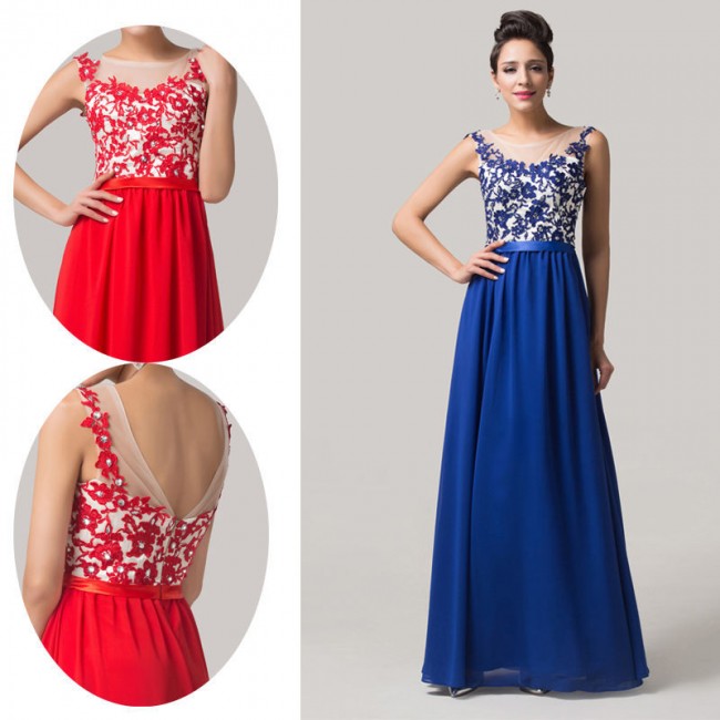 2015 Elegant Red Blue Women Long Party Evening Dress Appliques Lace Open Back Prom Dresses vestidos de festa vestido longo 6148