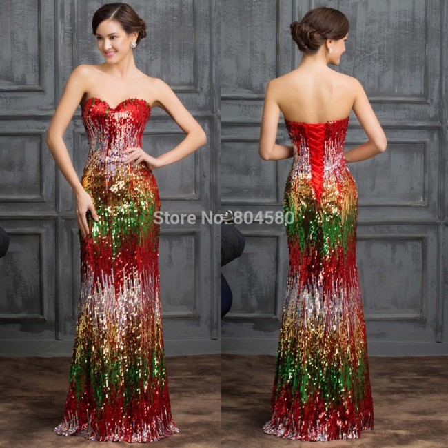 2015 New Arrival Grace Karin Sleeveless Shinning Sequins Prom dresses Colorful Red Carpet dress Long Evening Gown Women  CL7517
