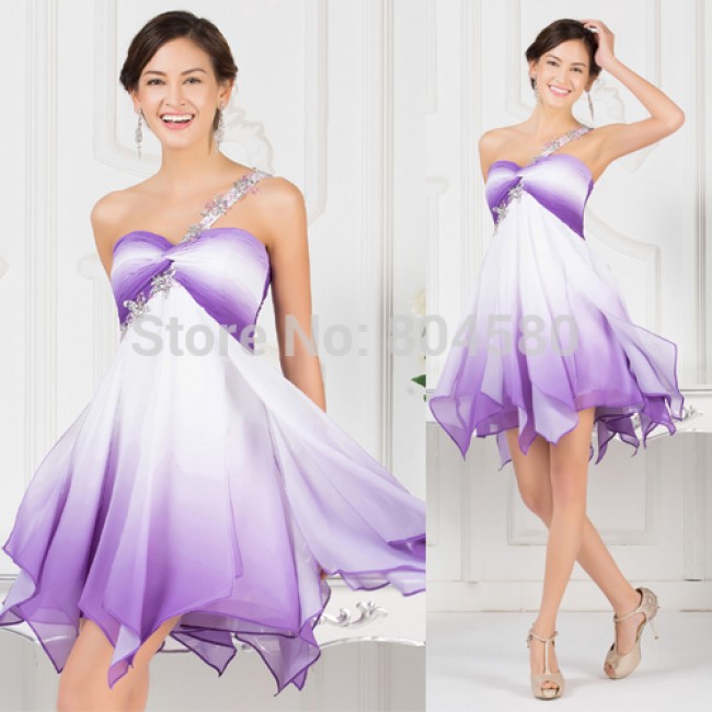 2015 New Knee Length Short vestidos de festa Chiffon Ombre prom dresses One Shoulder Colorful Evening Gown Dress Women 7540