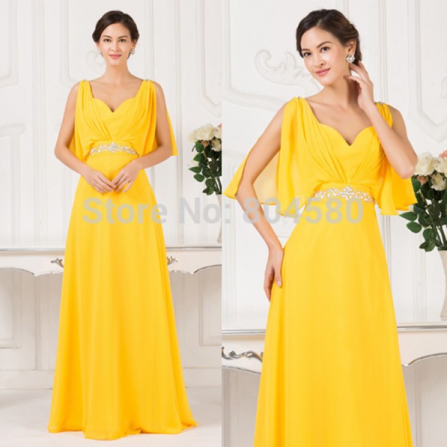 2015 New Sexy Backless V-Neck  Yellow Chiffon Evening prom dress Cheap Formal Party Gown Long Special Occasion dresses 7514