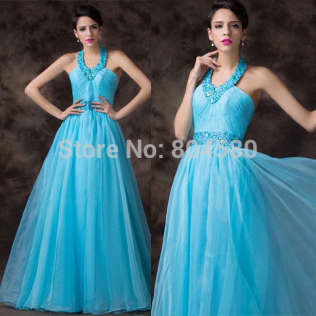 2015 Sexy Halter Ball Gown Long Evening Dress High Waist Prom dresses for Party Winter Formal Gowns vestido de festa longo D6201