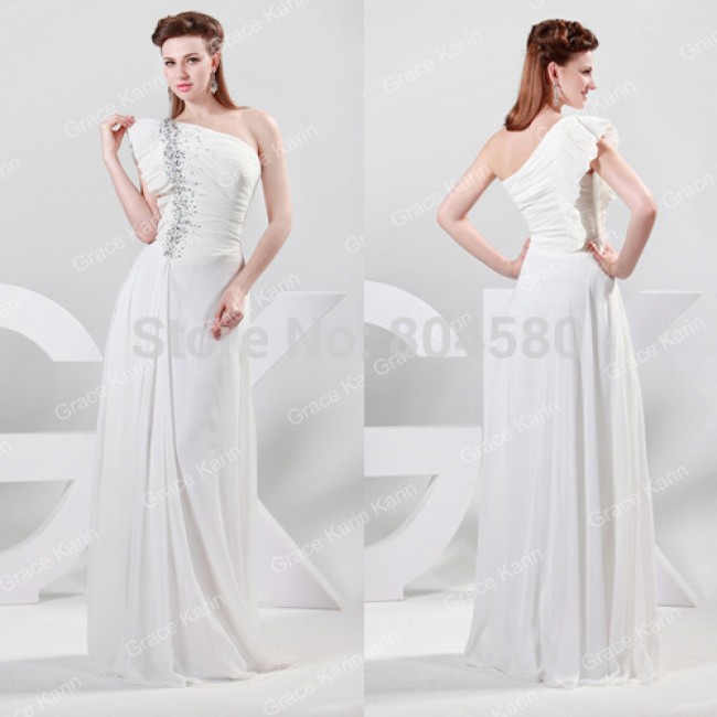 2015 Stock One shoulder White Chiffon Celebrity Dress Formal prom Gown Long Evening party Dresses CL6085 (AL12)