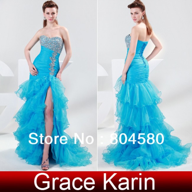 Amazing design Grace Karin Stock Strapless Organza Split Ball Mermaid Evening dresses fashion Blue Prom Party Dress gown CL4654