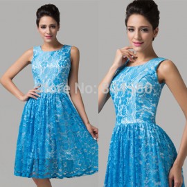 Beautiful Women Knee Length Blue Lace Special Occasion Formal Prom Gown Sexy Evening dress  CL6158