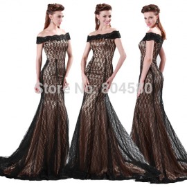 Black Color Boat Neck Lace Embroidery Mermaid Evening dress Long Bandage Prom dresses Cap Sleeve Women Formal Party Gown 4471