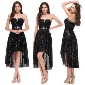 Black Sequins Sexy Strapless Women Short Front Long Back Prom dress Gown High Low Evening Dresses Gowns Lace Up Back C8915