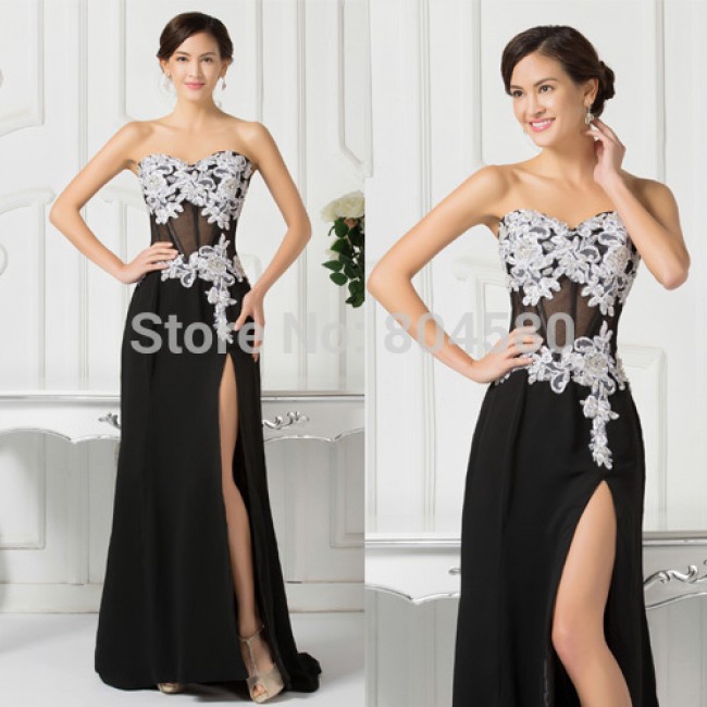Black Transparent Grace Karin Stock Strapless Appliques Chiffon Evening Gown Dress Long Party Prom dresses 2015 Red Carpet 7519