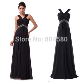 Brand  Fashion Chiffon evening dresses Halter Design Long Women Party Gown Black Prom Dress with waist Beads CL6013