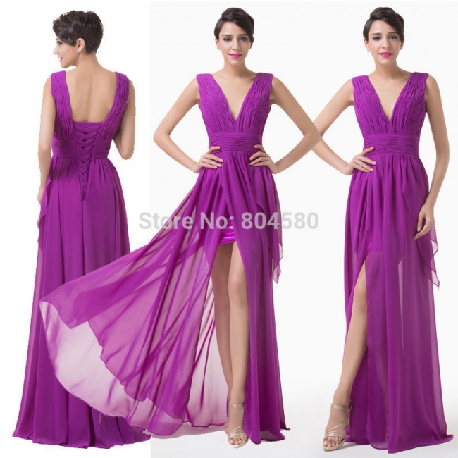 Brand New Purple Chiffon Tank Evening Dress V Neck Formal Party Prom dresses Sleeveless Elegant Bandage Gown Plus Size D6186