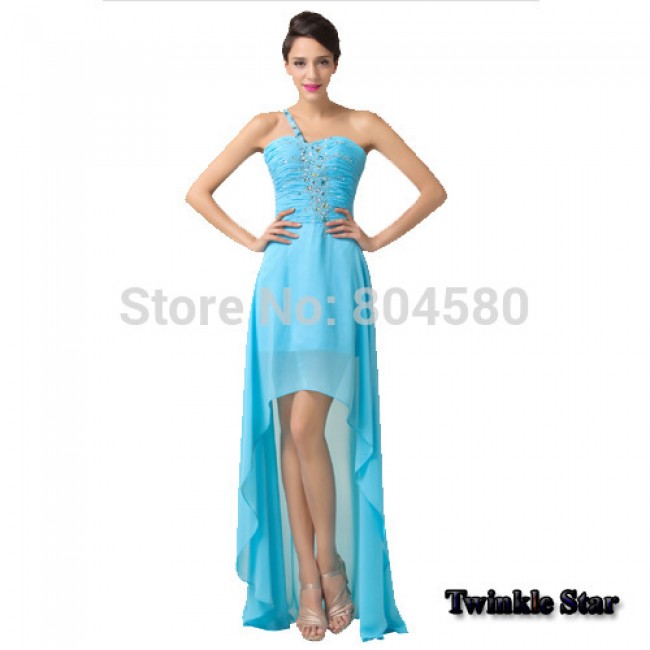 Cheap Stock Sexy Beads Blue Chiffon Short Front Long Back Strapless Evening Prom dresses Women Celebrity Party Dress Gown CL6198