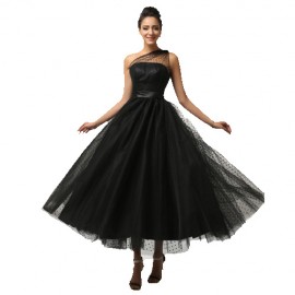 Cheap One Shoulder Ball Gown Tulle Lace Prom Dress 2015 Feather Black Women Evening dresses Ankle Length CL7561 