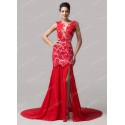 Custom Design Red Cap Sleeve Mermaid Bandage Dress Stock Latest New Prom dresses Train Lace Appliques Long Evening Gowns CL6120