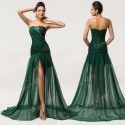 Dark Green Floor-Length Silk-Like High Split Gown Sheath Bandage Long Evening Dress Train Formal Prom Party Dress Women D7570