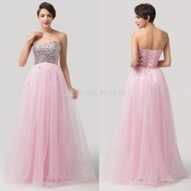 Elegant Design Grace Karin Long Beads Pink Formal Occasion Party Gowns Sexy Women Evening Prom Dresses  Ball Gown CL6121