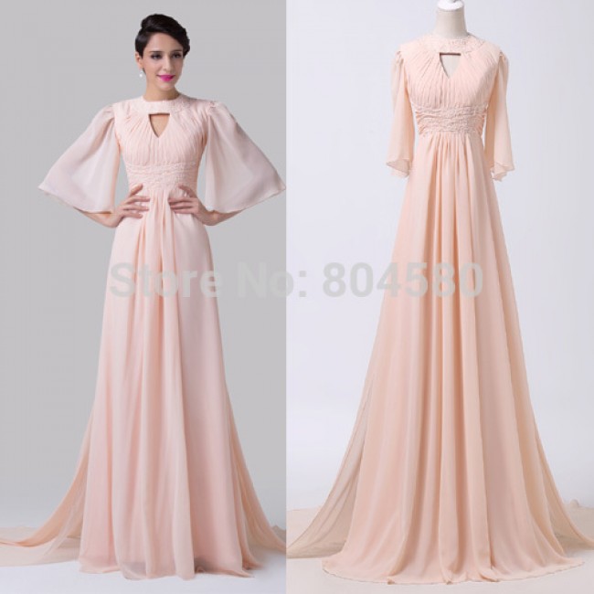 Elegant European Women Flare Sleeve Celebrity dresses Chiffon Floor Length Pink Evening Prom Party Dress vestido de renda CL6271
