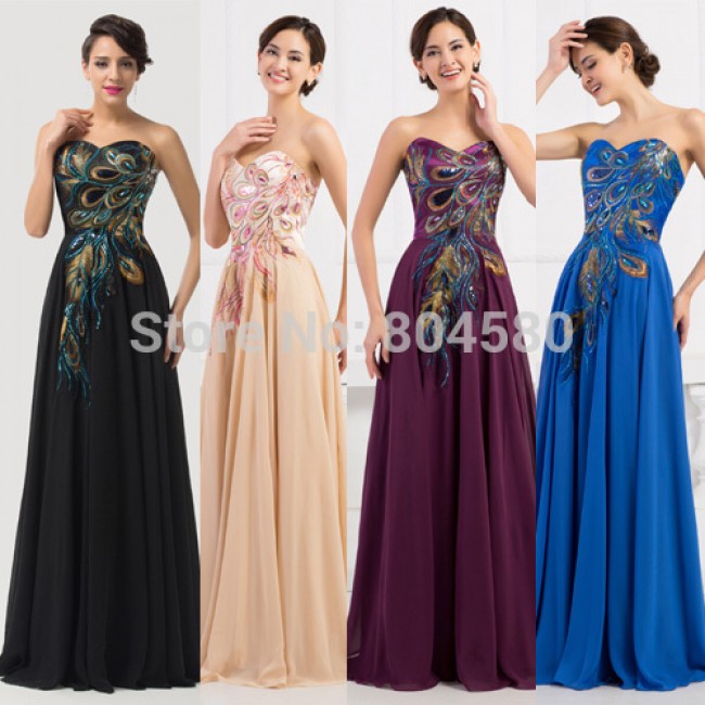 Elegant Grace Karin Strapless Peacock Applique Sleeveless Lace Up Back Formal Evening dress   Long Prom Party Gown CL6168
